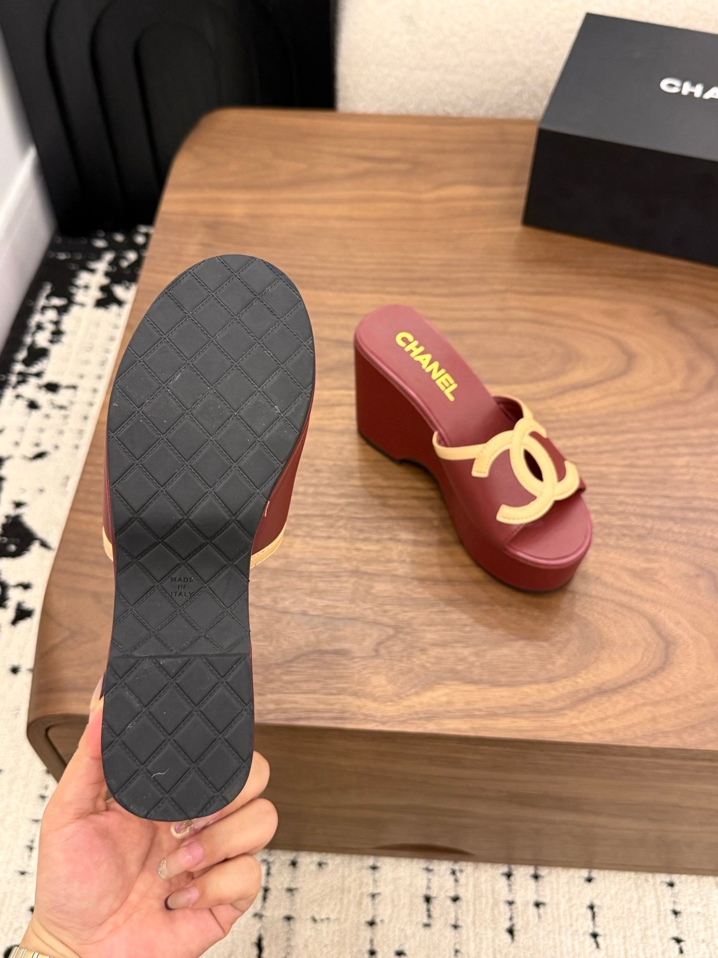 CHANEL 26S WEDGE SANDALS 95 MM IN DARK RED CALFSKIN