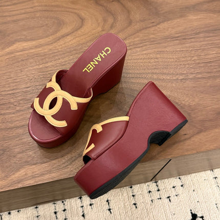 CHANEL 26S WEDGE SANDALS 95 MM IN DARK RED CALFSKIN