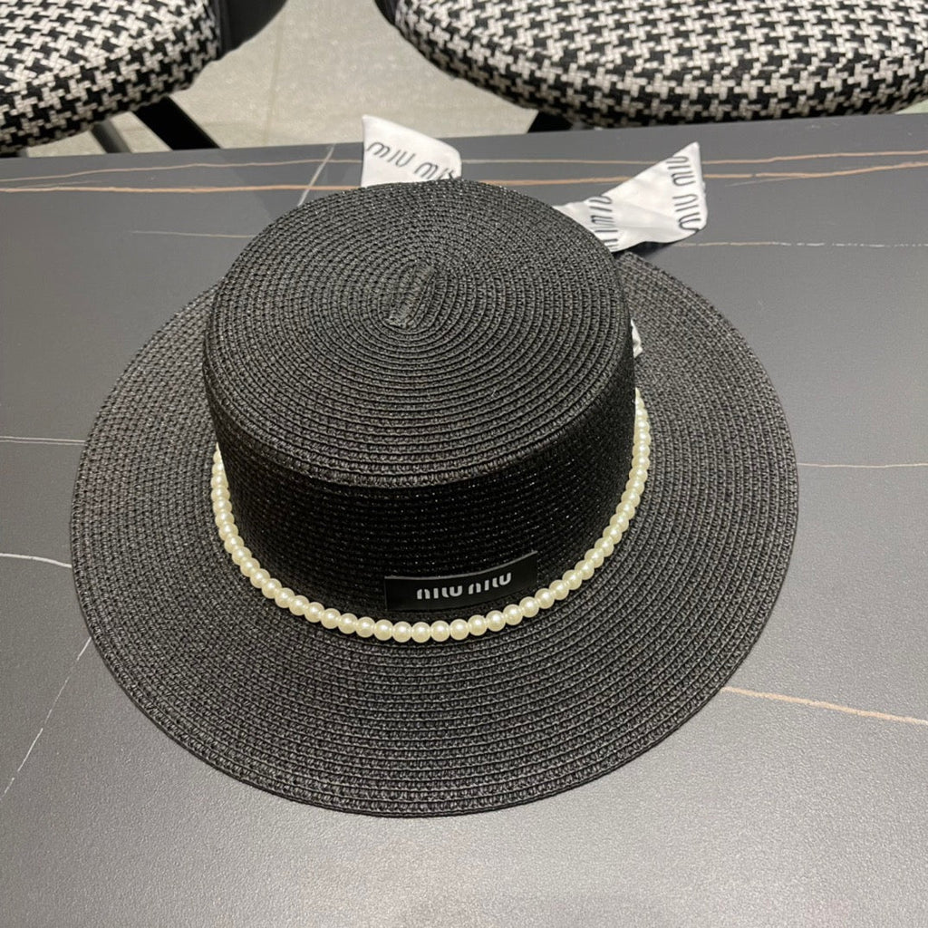 MIUMIU SMALL-BRIM STRAW HAT IN BLACK AND PEARL EMBELLISHED