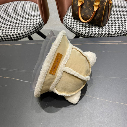 FISHERMAN HAT WITH CUTE CAT EARS IN BEIGE VELVET AND LAMB FUR 414690