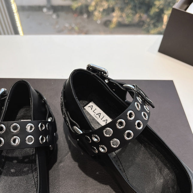 ALAIA 26S FLATS IN BLACK CALFSKIN WITH SILVER STUD STRAP
