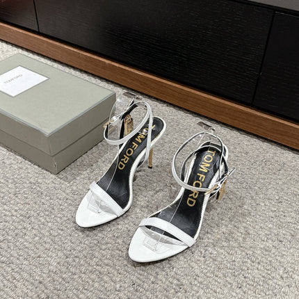PADLOCK POINTY NAKED SANDAL 85 MM IN WHITE CALFSKIN