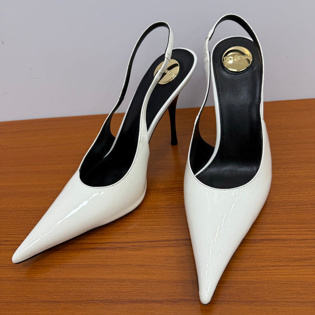 YSL 26S HEELED SLINGBACKS 100 MM IN WHITE GLOSSY CALFSKIN