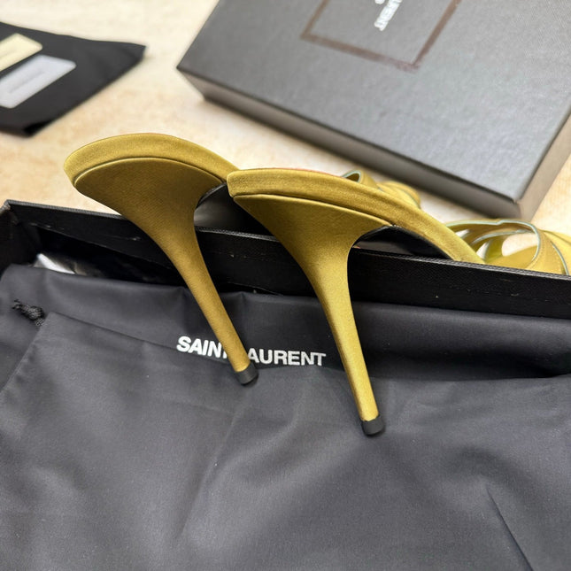 YSL 26S HEELED SANDALS 105 MM IN OLIVE GREEN SATIN