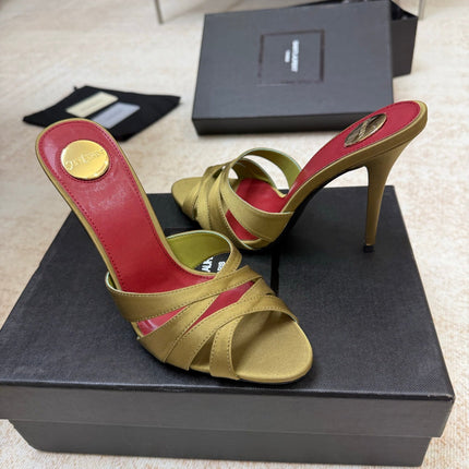 YSL 26S HEELED SANDALS 105 MM IN OLIVE GREEN SATIN