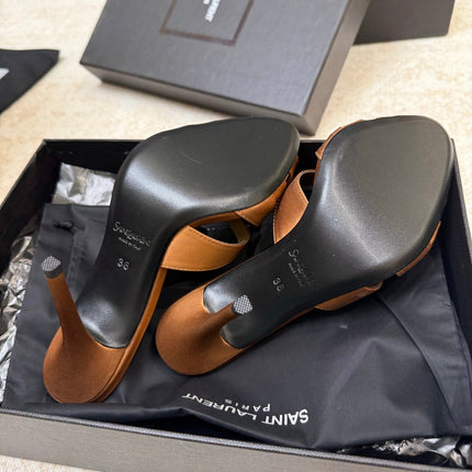 YSL 26S HEELED SANDALS 105 MM IN CLAY BROWN SATIN