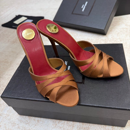 YSL 26S HEELED SANDALS 105 MM IN CLAY BROWN SATIN