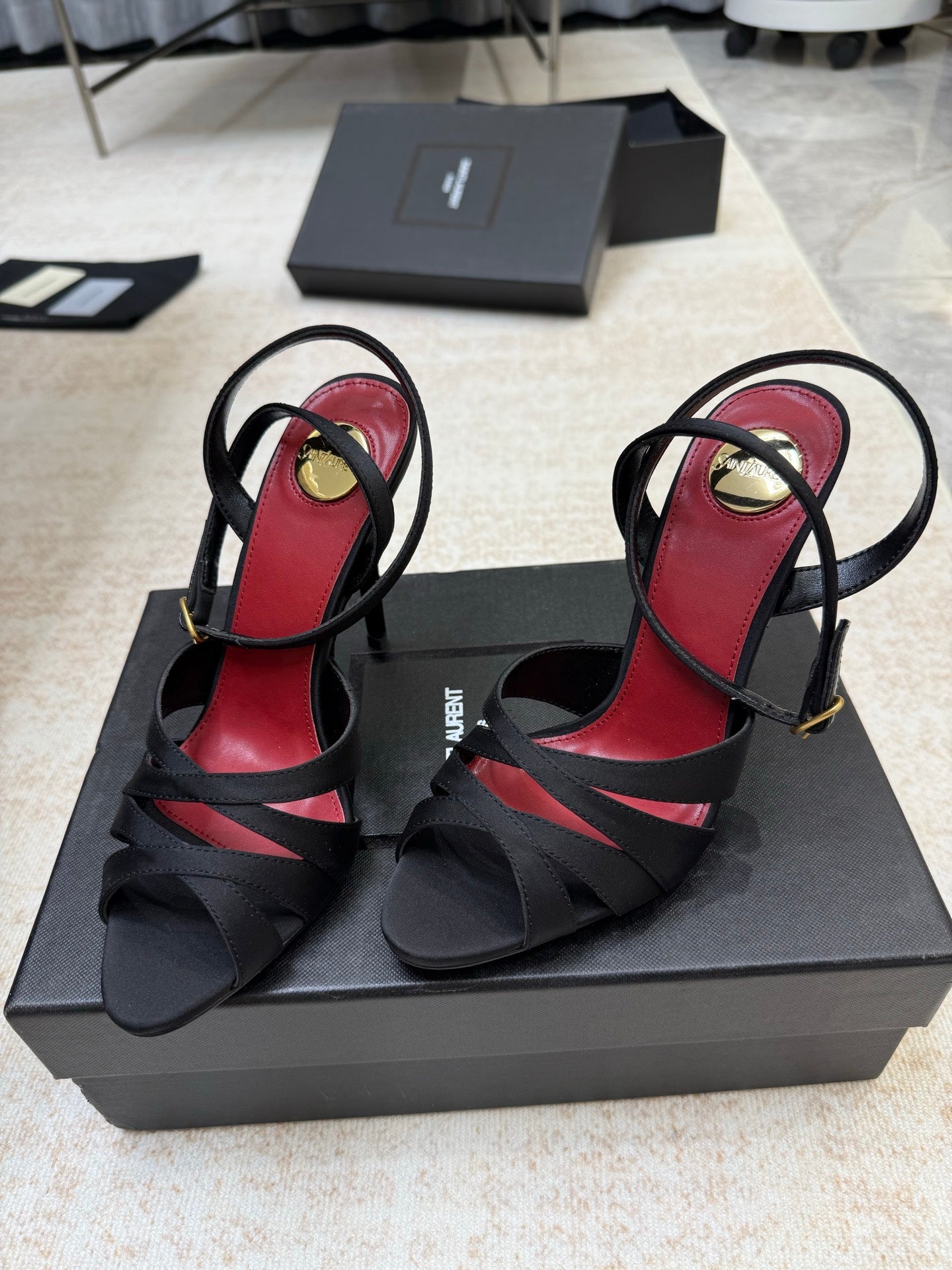 YSL 26S STRAPPY HEELED SANDALS 105 MM IN BLACK SATIN