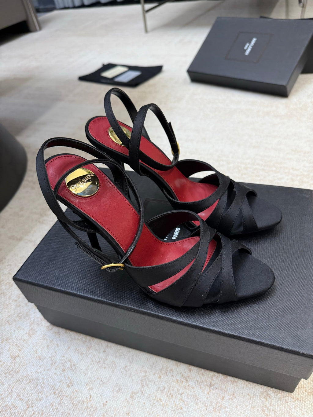 YSL 26S STRAPPY HEELED SANDALS 105 MM IN BLACK SATIN