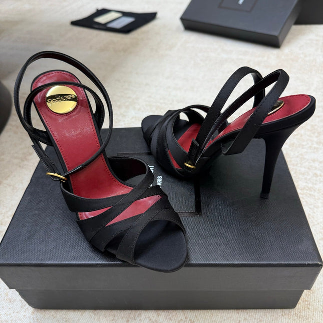 YSL 26S STRAPPY HEELED SANDALS 105 MM IN BLACK SATIN