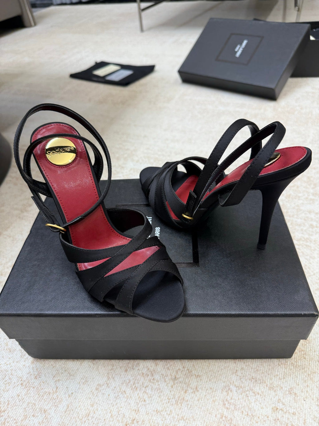 YSL 26S STRAPPY HEELED SANDALS 105 MM IN BLACK SATIN