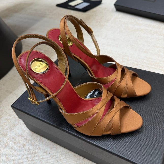 YSL 26S STRAPPY HEELED SANDALS 105 MM IN CLAY BROWN SATIN