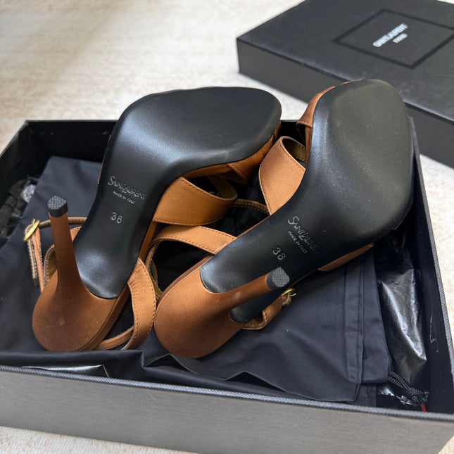YSL 26S STRAPPY HEELED SANDALS 105 MM IN CLAY BROWN SATIN