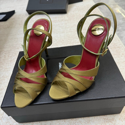 YSL 26S STRAPPY HEELED SANDALS 105 MM IN OLIVE GREEN SATIN