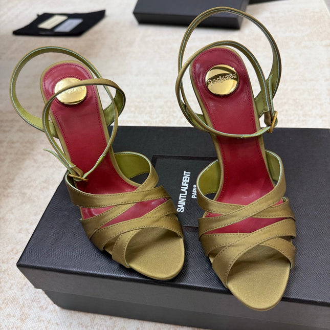 YSL 26S STRAPPY HEELED SANDALS 105 MM IN OLIVE GREEN SATIN