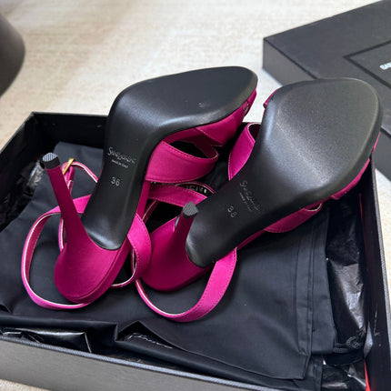 YSL 26S STRAPPY HEELED SANDALS 105 MM IN DARK PINK SATIN