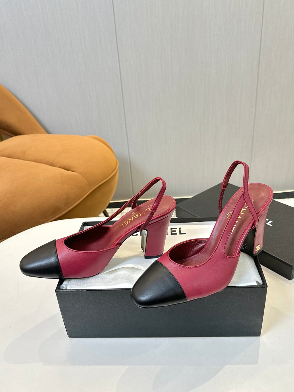 CC SLINGBACK IN BURGUNDY RED MIX BLACK CALFSKIN