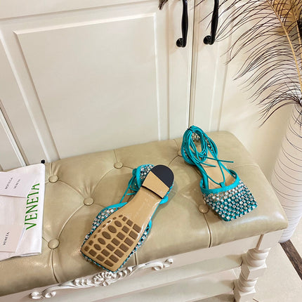 LACE-UP FLAT SANDAL IN CERULEAN BLUE METALLIZED MESH AND LEATHER WITH RHINSTONES