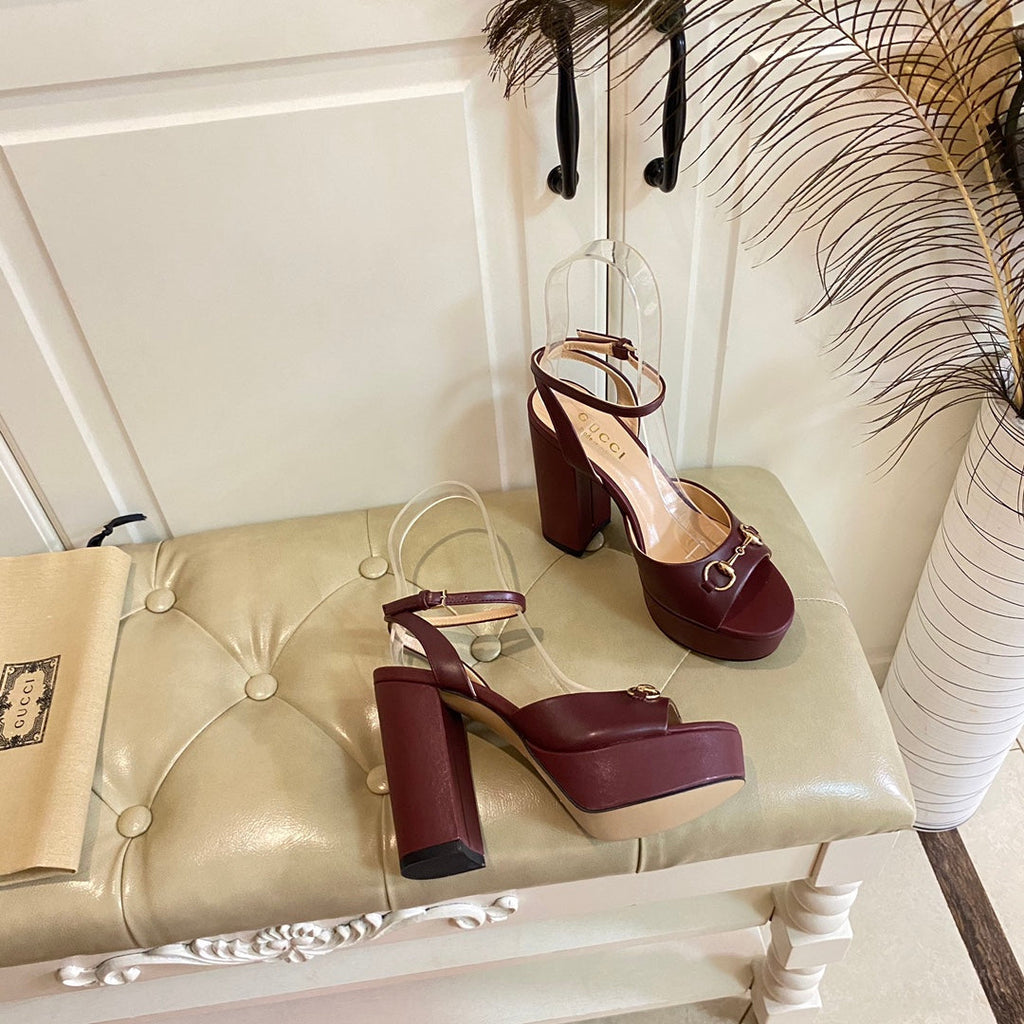 GG HORSEBIT PLATFORM SANDAL IN WINE RED SHEEPSKIN