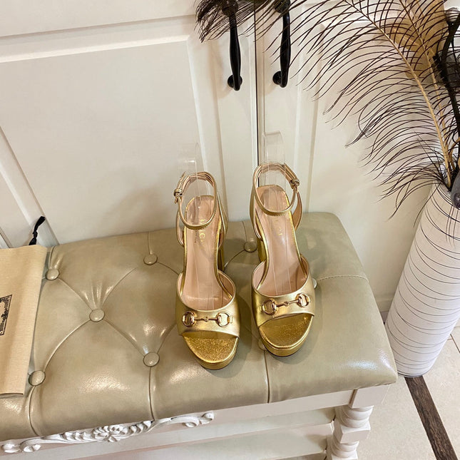 GG HORSEBIT PLATFORM SANDAL IN GOLD YELLOW SHEEPSKIN
