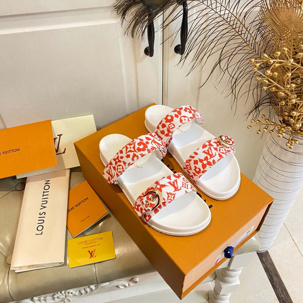 LV 26S DOUBLE-STRAP PILLOW MULES IN WHITE AND ORANGE CANVAS