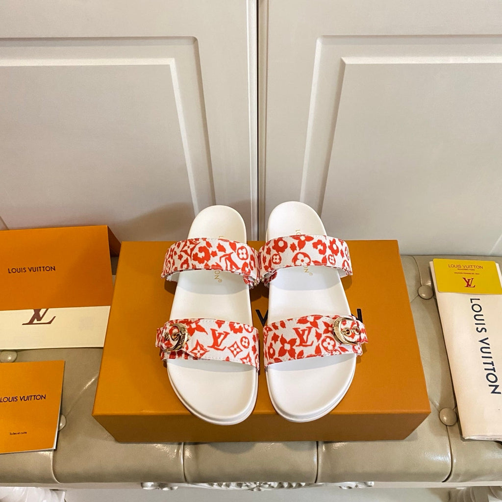 LV 26S DOUBLE-STRAP PILLOW MULES IN WHITE AND ORANGE CANVAS