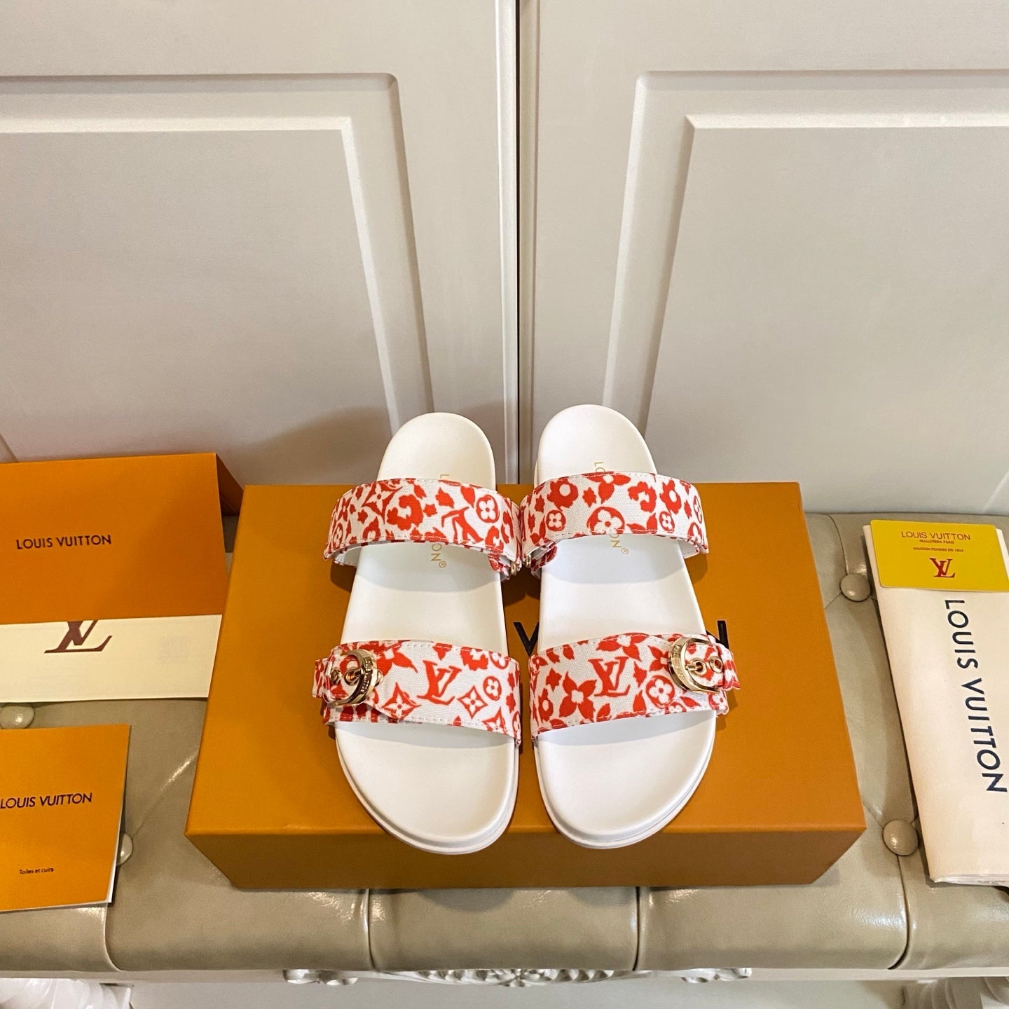 LV 26S DOUBLE-STRAP PILLOW MULES IN WHITE AND ORANGE CANVAS