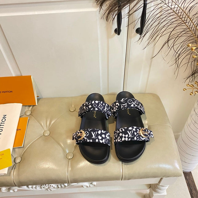 LV 26S DOUBLE-STRAP PILLOW MULES IN WHITE AND BLACK CANVAS