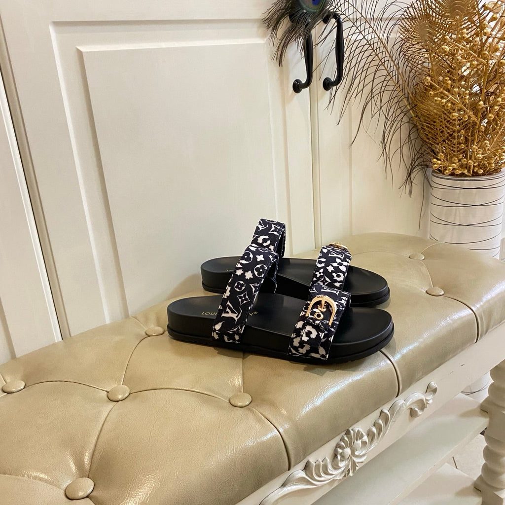 LV 26S DOUBLE-STRAP PILLOW MULES IN WHITE AND BLACK CANVAS