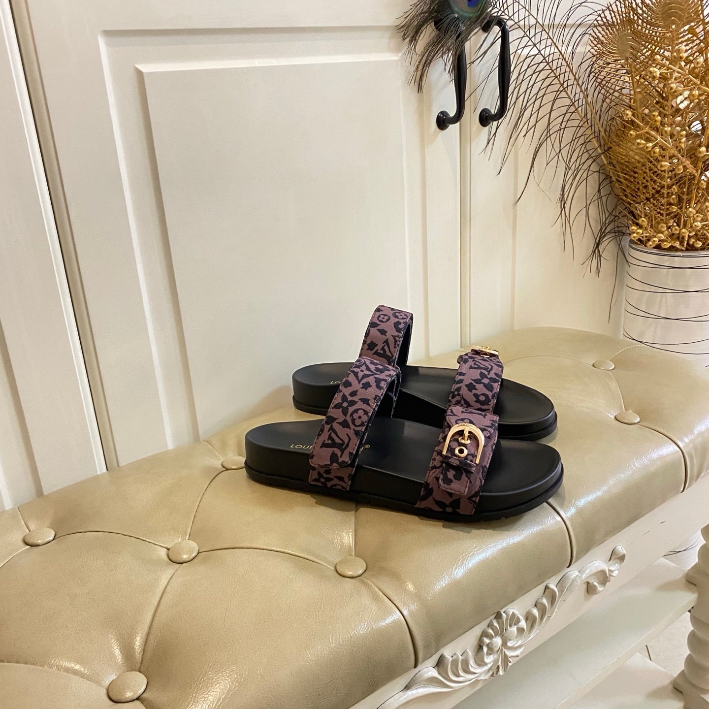 LV 26S DOUBLE-STRAP PILLOW MULES IN DARK PURPLE CANVAS