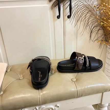 LV 26S STRAP SLIDES IN DARK BROWN CALFSKIN AND CANVAS