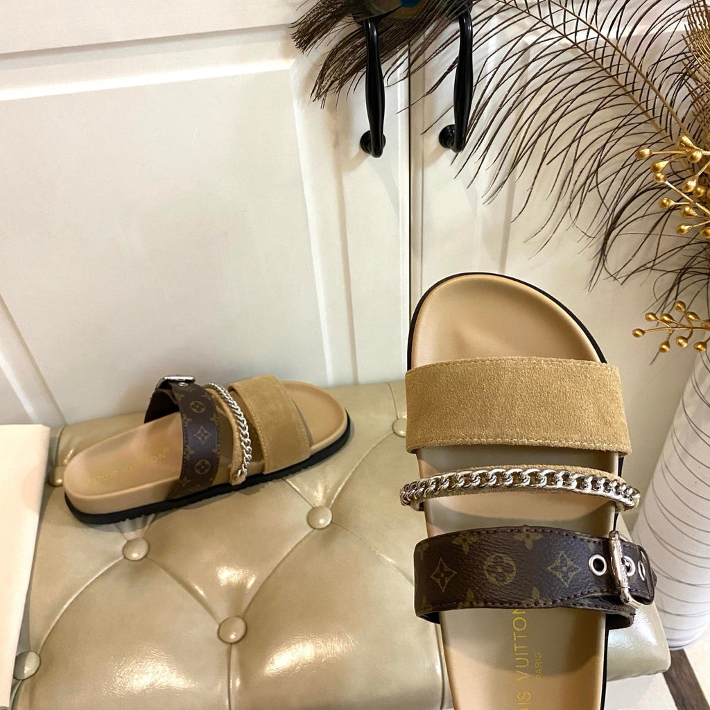 LV 26S STRAP SLIDES IN BROWN SUEDE AND CANVAS