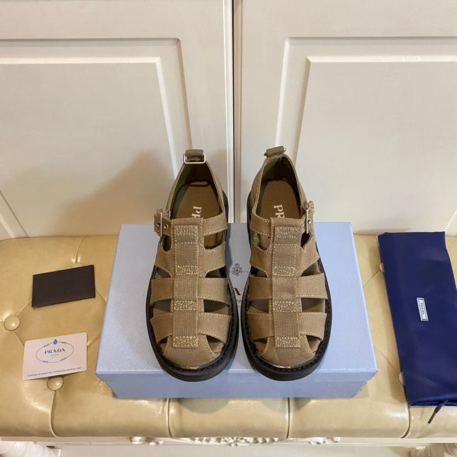 PRADA 26S BUCKLE FISHERMAN SANDALS CHUNKY SOLE IN BROWN CANVAS