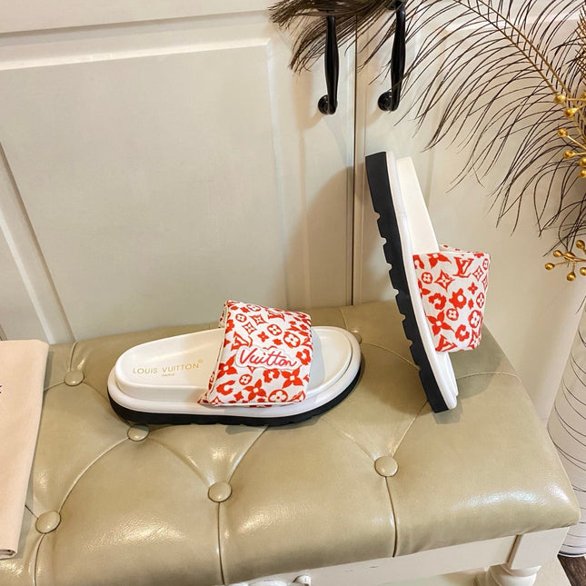 LV 26S PILLOW COMFORT MULES IN WHITE AND ORANGE CANVAS
