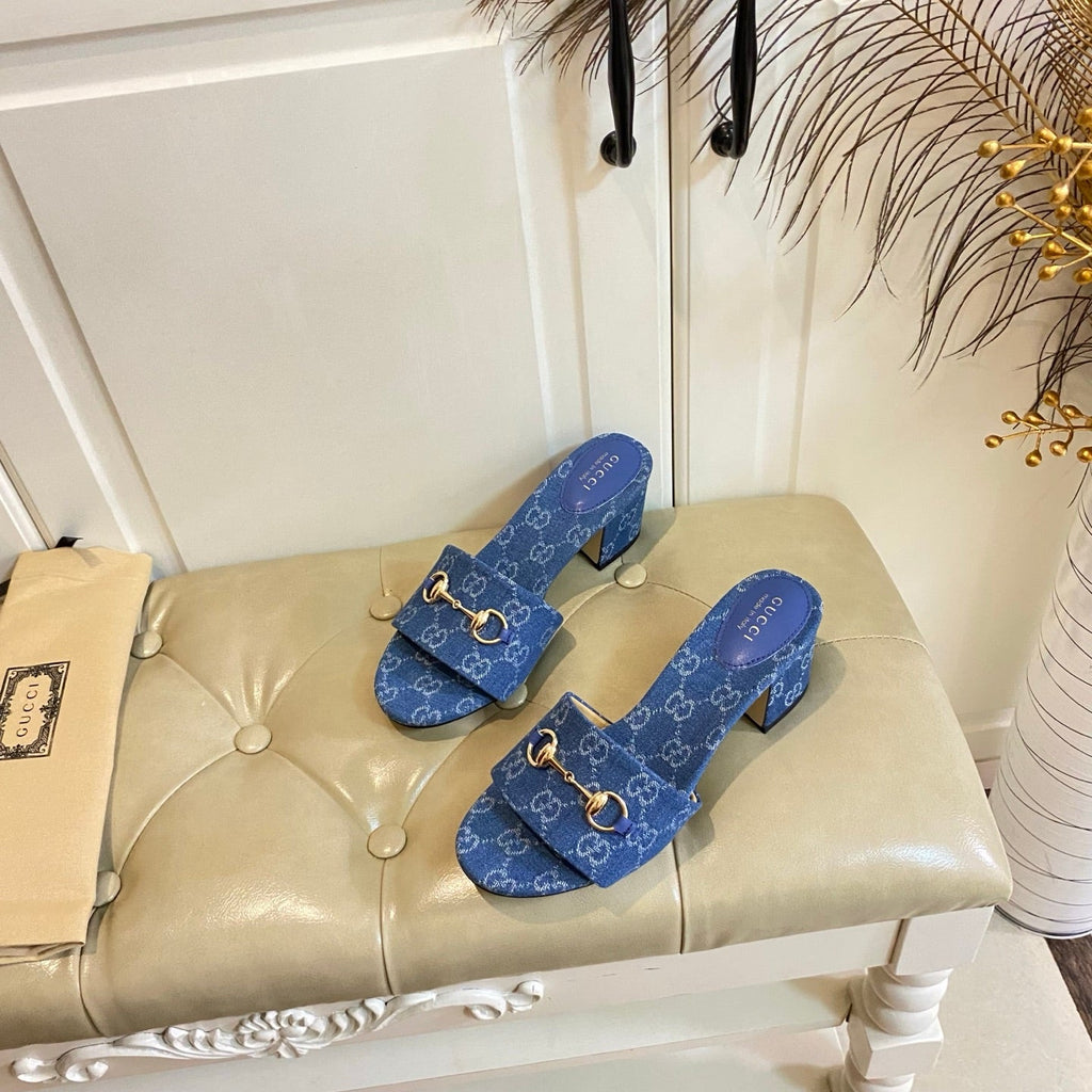 GUCCI 26S HIGH-HEELED SANDALS 65 MM IN BLUE DENIM