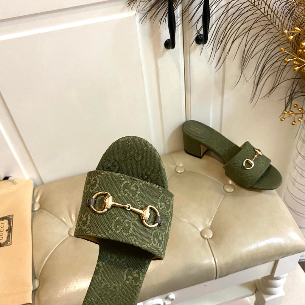 GUCCI 26S HIGH-HEELED SANDALS 65 MM IN MOSS GREEN CANVAS