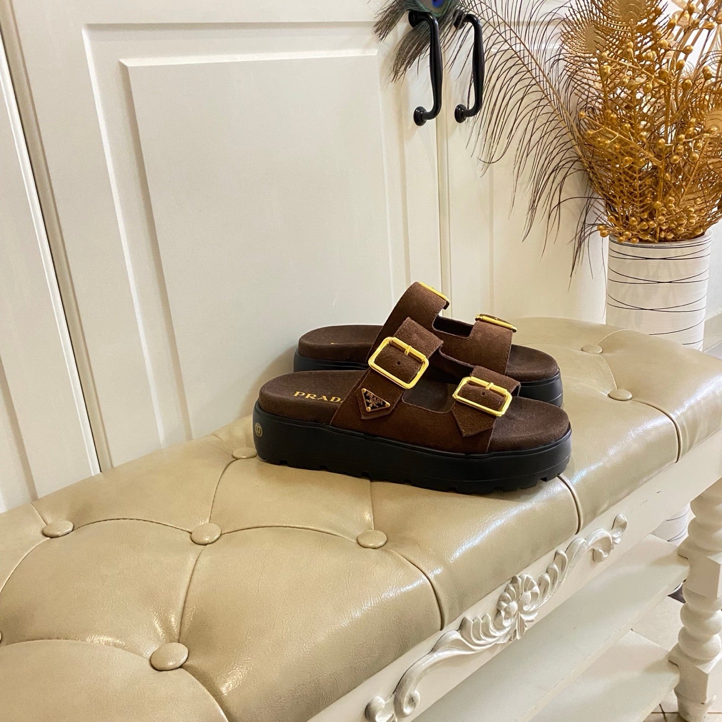 PRADA 26S DOUBLE BUCKLE SLIDE SANDALS CHUNKY SOLE IN DARK BROWN SUEDE