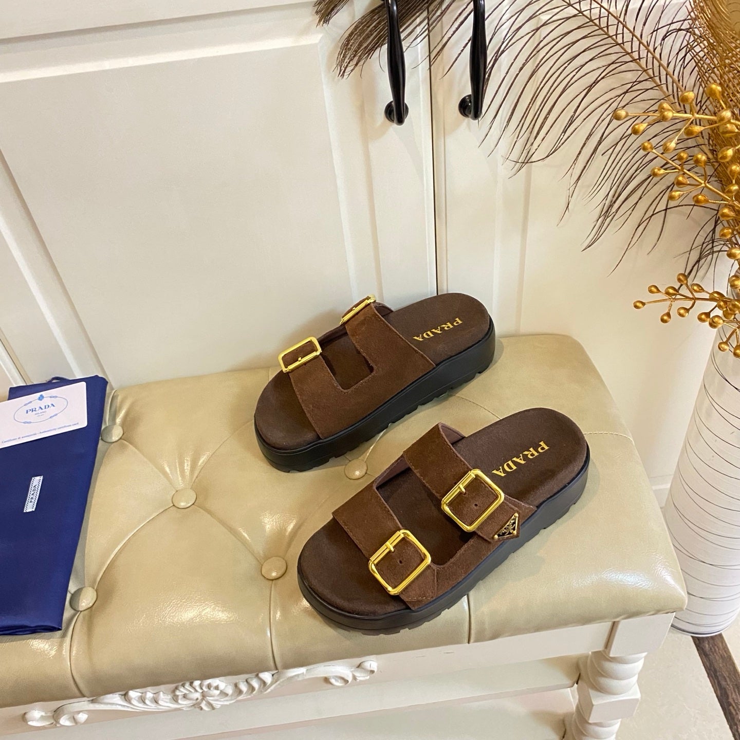 PRADA 26S DOUBLE BUCKLE SLIDE SANDALS CHUNKY SOLE IN DARK BROWN SUEDE
