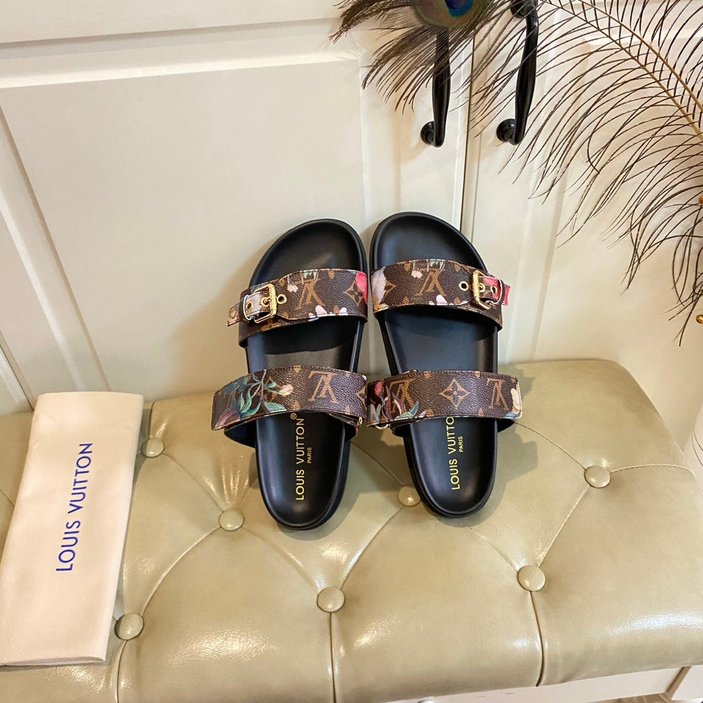 LV 26S TWO-STRAP SANDALS IN DARK BROWN MONOGRAM CANVAS WITH FLORAL PRINT