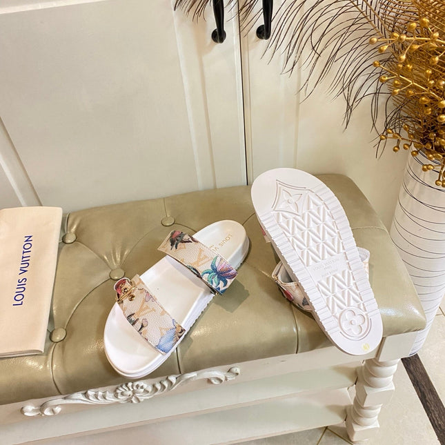 LV 26S TWO-STRAP SANDALS IN MULTICOLOR MONOGRAM CANVAS WITH FLORAL PRINT