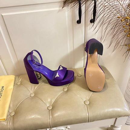 LV 26S HIGH-HEELED SANDALS 110 MM IN DARK PURPLE SATIN AND CALFSKIN