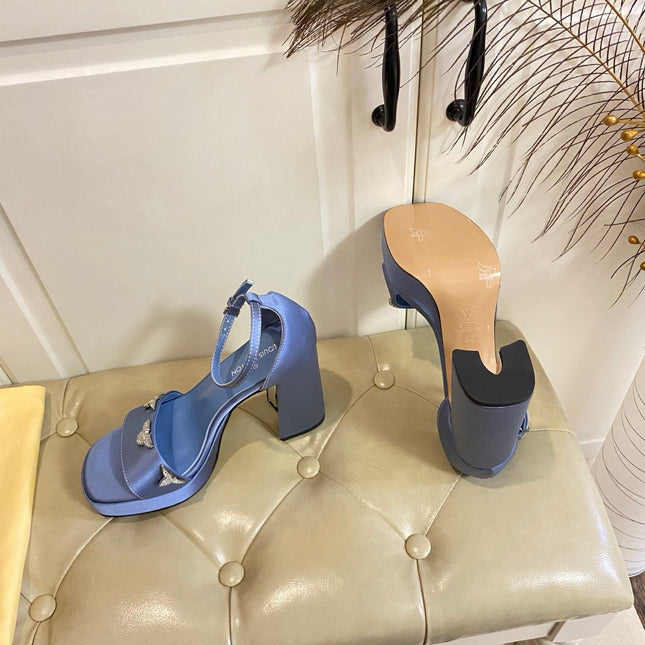 LV 26S HIGH-HEELED SANDALS 110 MM IN DUSTY BLUE PURPLE SATIN AND CALFSKIN