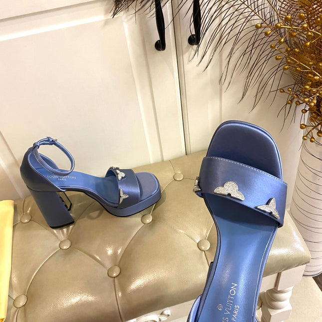 LV 26S HIGH-HEELED SANDALS 110 MM IN DUSTY BLUE PURPLE SATIN AND CALFSKIN