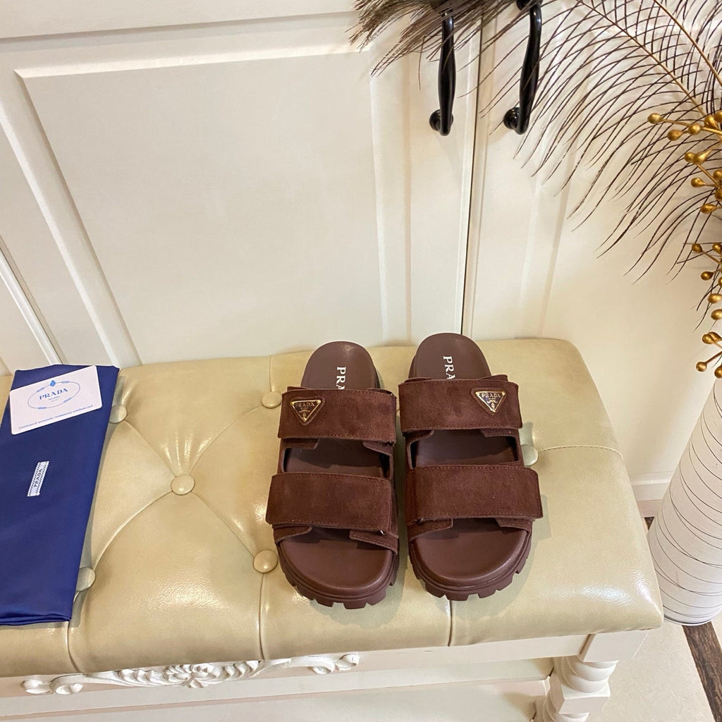 PRADA 26S DOUBLE STRAP SANDALS CHUNKY SOLE IN DARK BROWN SUEDE WITH LOGO