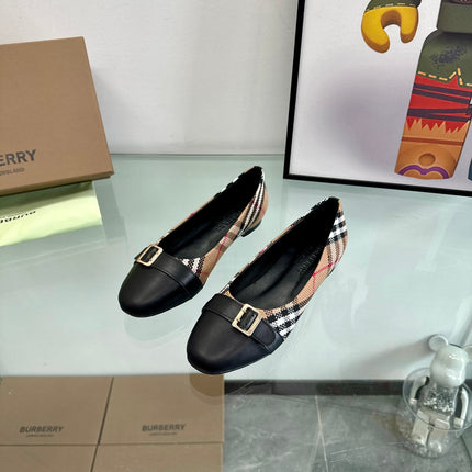 BURBERRY 26S PLAID FLATS IN BLACK CALFSKIN AND FABRIC