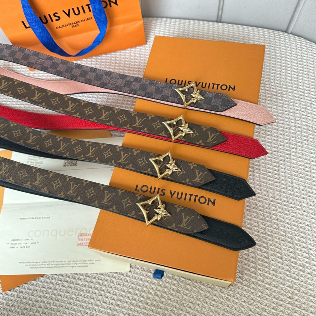 LV FLOWERGRAM 30MM REVERSIBLE BELT IN BLACK CALFSKIN GOLD HARDWARE