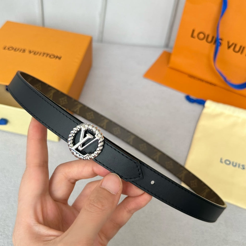 LV Circle Nautical 20mm Reversible Belt Silver Buckle Black Brown Lambskin