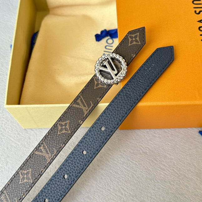 LV Circle Nautical 20mm Reversible Belt Silver Buckle Navy Blue Brown Leather