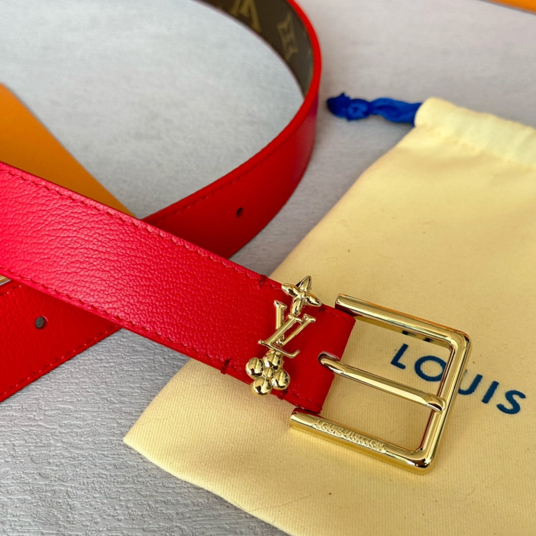LV Bloom 30mm Belt Gold Buckle Red Brown Leather