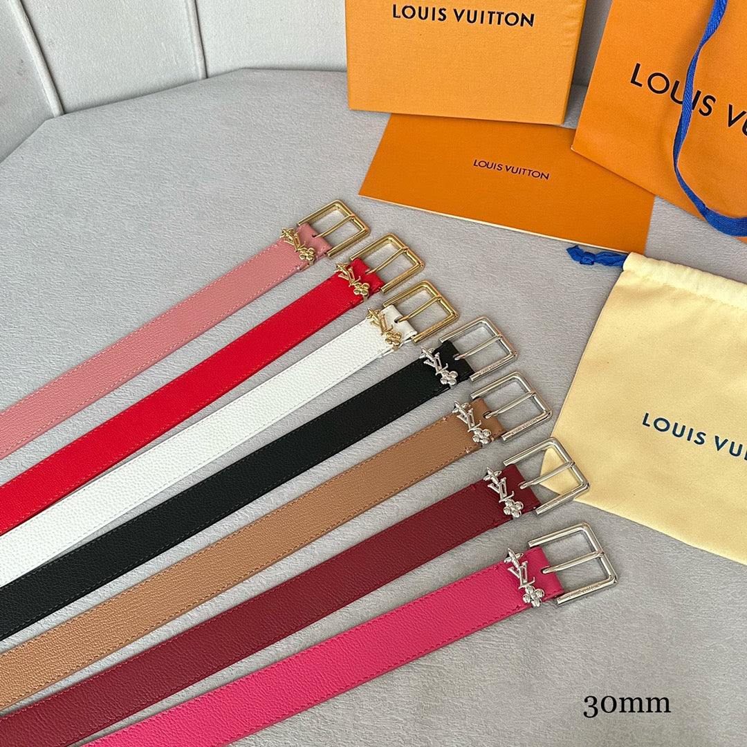 LV Bloom 30mm Belt Silver Buckle Black Brown Leather